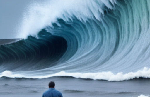 a man on a beach dwarfed by a massive tsunami