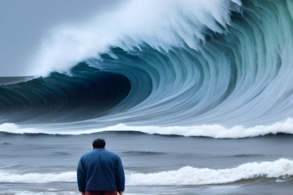 a man standing in front of a tsunami