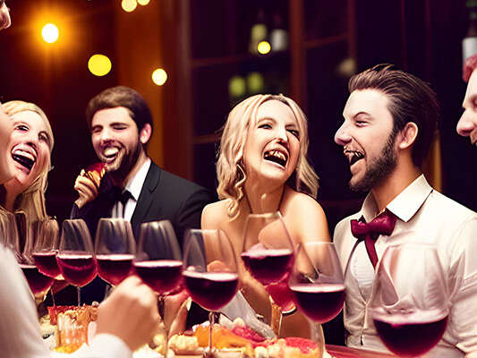a dinner party with wine on the table. Guests faces are horribly disfigured